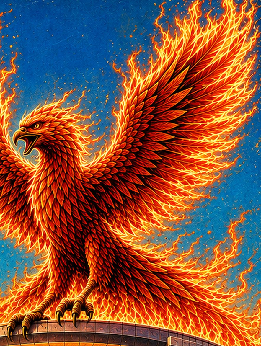 Riff the Rock Phoenix — a flaming phoenix, wings spread, perched on the arena roof